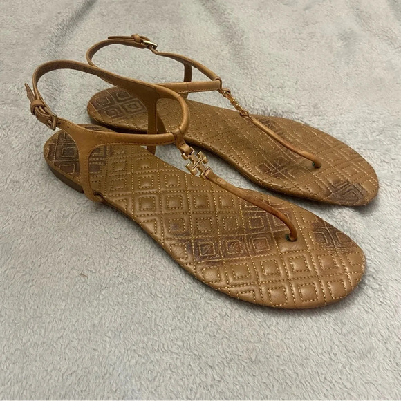 Tory Burch Tan Marion Quilted Leather Thong Sandals Size 9M - Picture 2 of 8